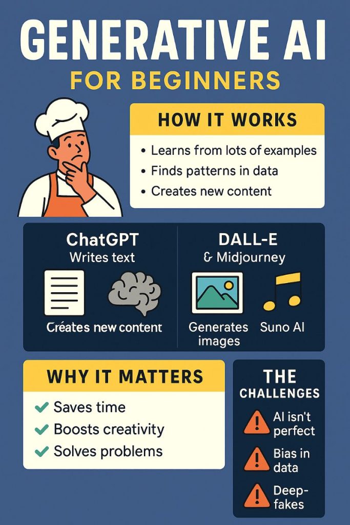 Featured image showing a colorful blend of visuals related to Generative AI, including icons for ChatGPT, DALL·E, music notes, digital art, and neural network symbols.