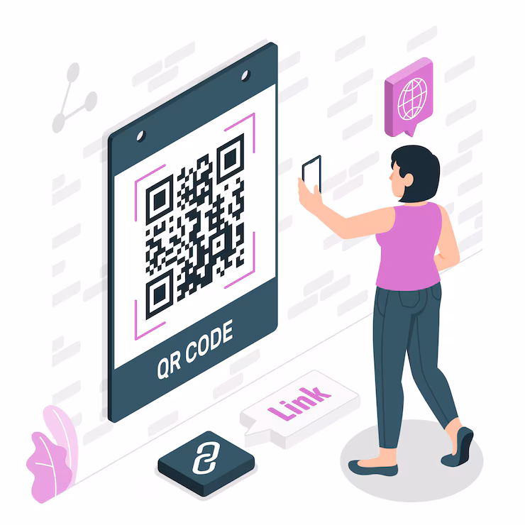 Illustration of an AI-powered QR code generator concept with futuristic elements, a smartphone scanning a colorful QR code, and “100% Free, No Login” highlighted.