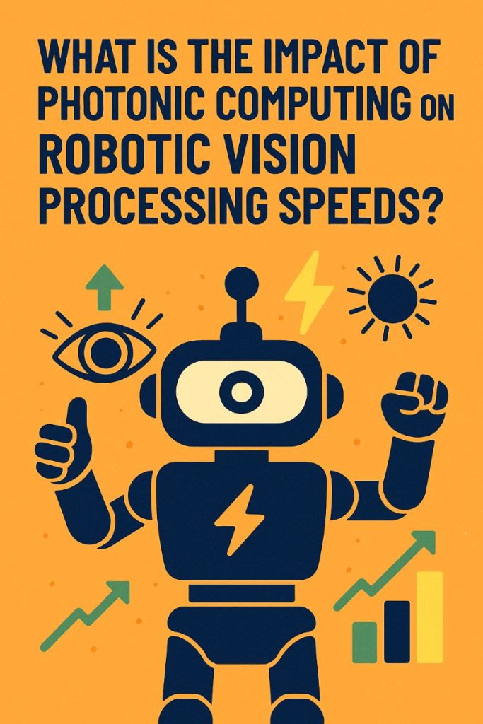 Illustration of a robot with glowing eyes processing light-speed data through photonic circuits