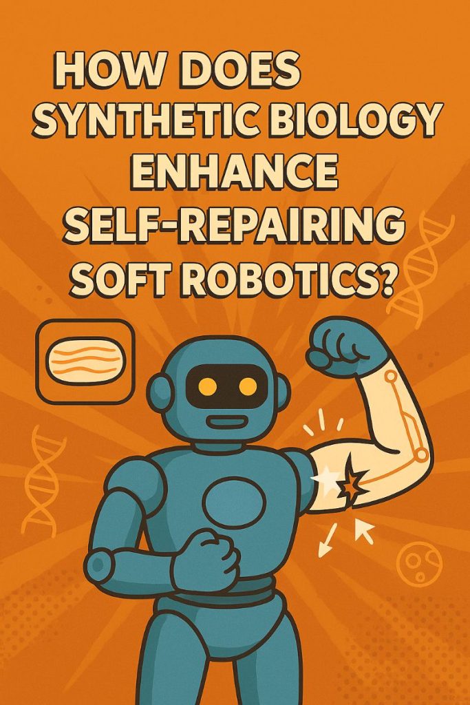 2D infographic of a soft robot healing its torn arm using synthetic biology.