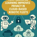 Infographic showing robotic fleets connected via federated learning with privacy shields