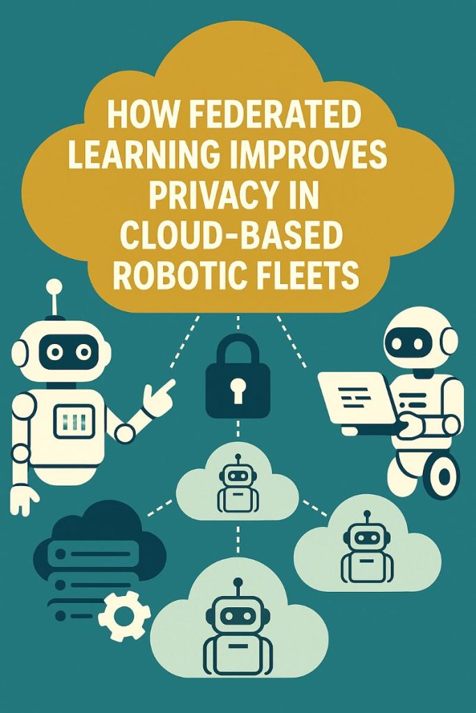 Infographic showing robotic fleets connected via federated learning with privacy shields