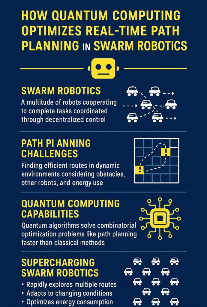 Infographic explaining how quantum computing enhances real-time path planning in swarm robotics with key points like speed, energy efficiency, and scalability.