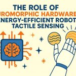 Infographic showing a neuromorphic chip and a robotic hand performing tactile sensing with the blog title
