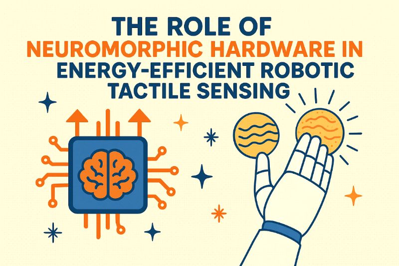 Infographic showing a neuromorphic chip and a robotic hand performing tactile sensing with the blog title