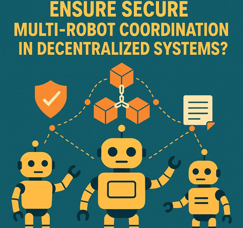 Infographic of three robots coordinating securely via blockchain symbols and dotted lines in a decentralized network.