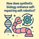 Infographic showing a self-repairing soft robot enhanced by synthetic biology, with glowing DNA and cellular graphics